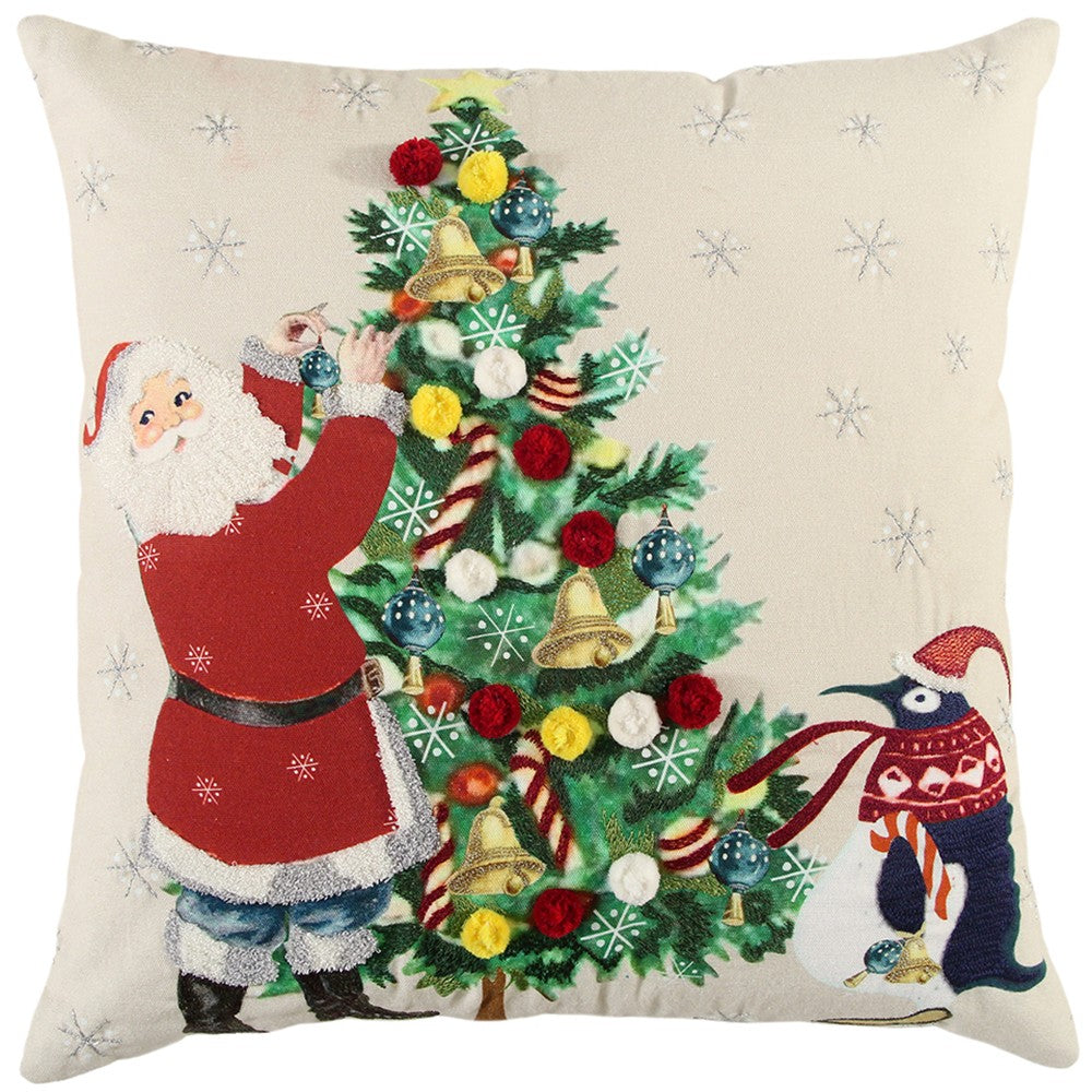Ivory Vintage Santa and Penguin Christmas Throw Pillow-0