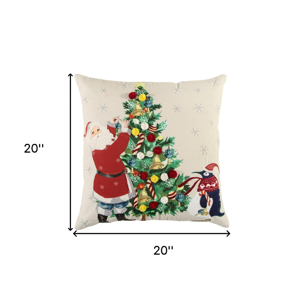Ivory Vintage Santa and Penguin Christmas Throw Pillow-4