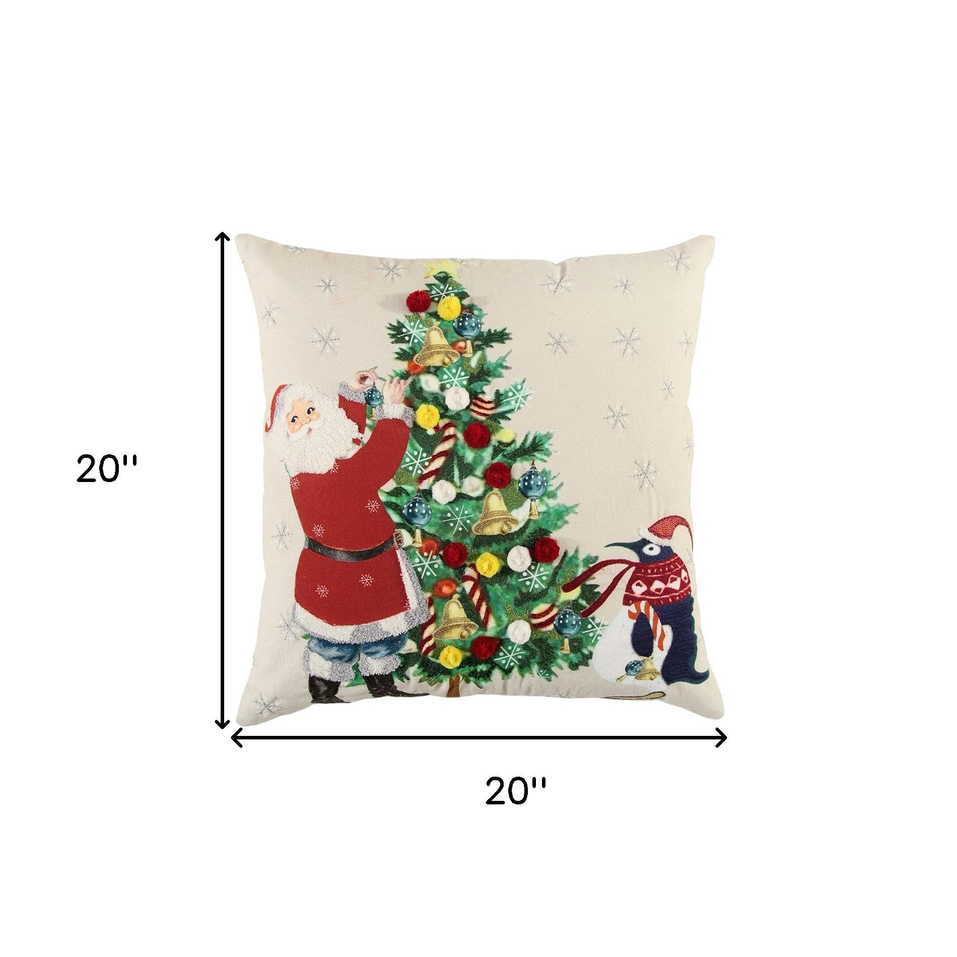Ivory Vintage Santa and Penguin Christmas Throw Pillow-4