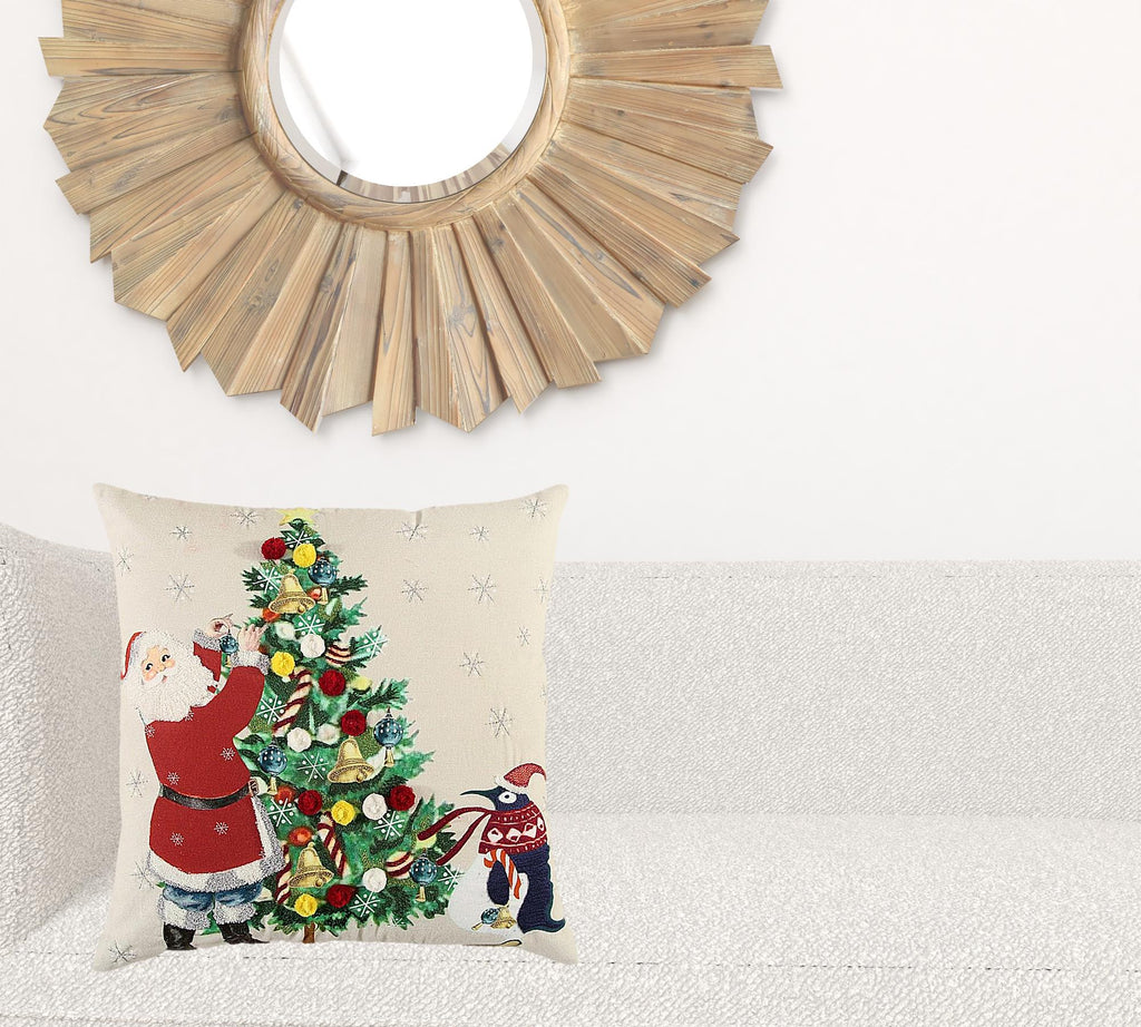 Ivory Vintage Santa and Penguin Christmas Throw Pillow-1