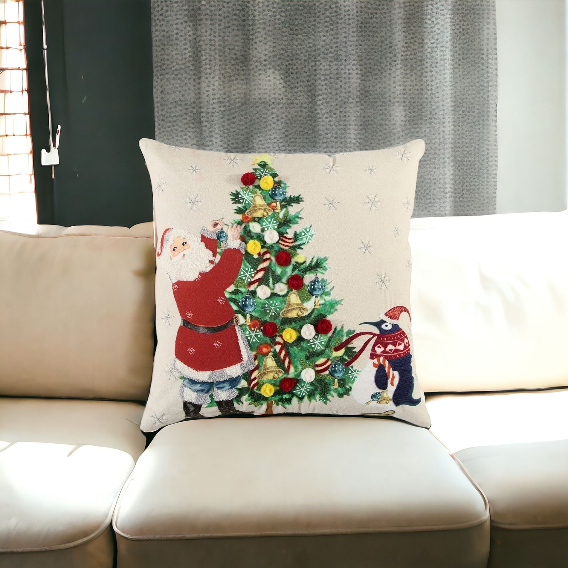 Ivory Vintage Santa and Penguin Christmas Throw Pillow-5